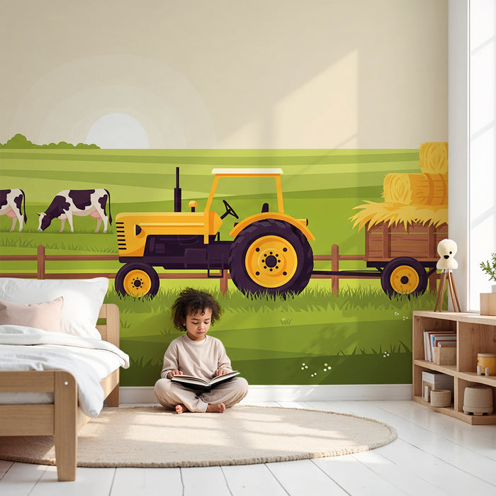 Detská izba tapeta | Žltý traktor a kravy v zelenom farmovom krajinnom obraze