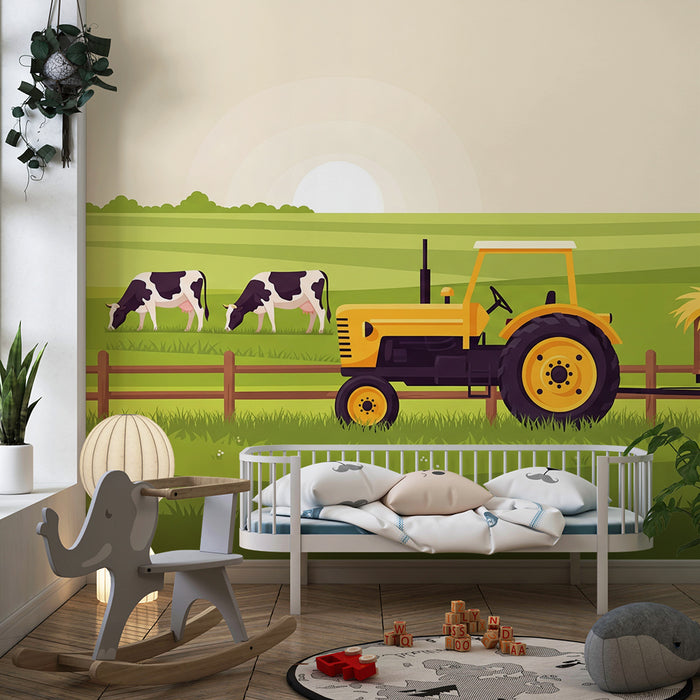 Detská izba tapeta | Žltý traktor a kravy v zelenom farmovom krajinnom obraze