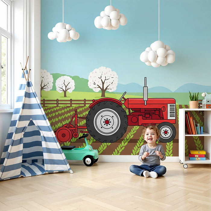 Kinderzimmer Tapete | Roter Traktor und Schafe in einer ländlichen Landschaft