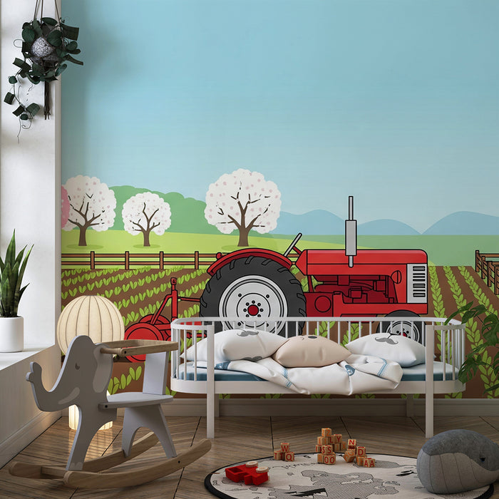 Kinderzimmer Tapete | Roter Traktor und Schafe in einer ländlichen Landschaft