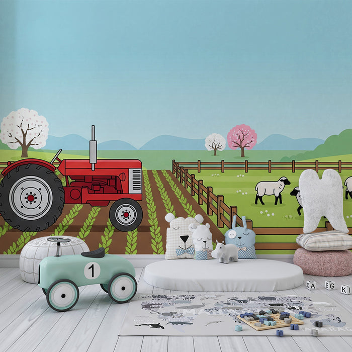 Kinderzimmer Tapete | Roter Traktor und Schafe in einer ländlichen Landschaft