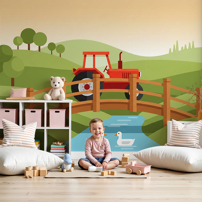 Kinderkamer behang | Rode tractor en rustig plattelandslandschap