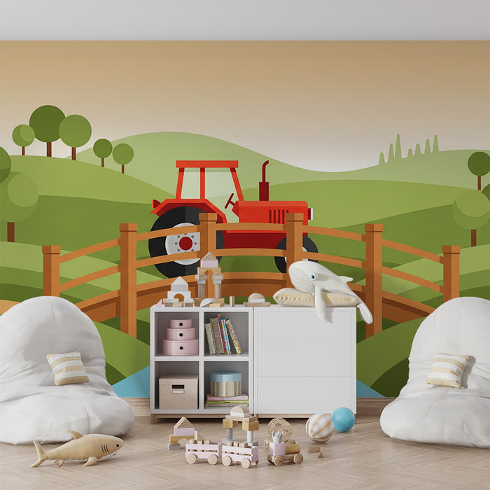 Kinderkamer behang | Rode tractor en rustig plattelandslandschap