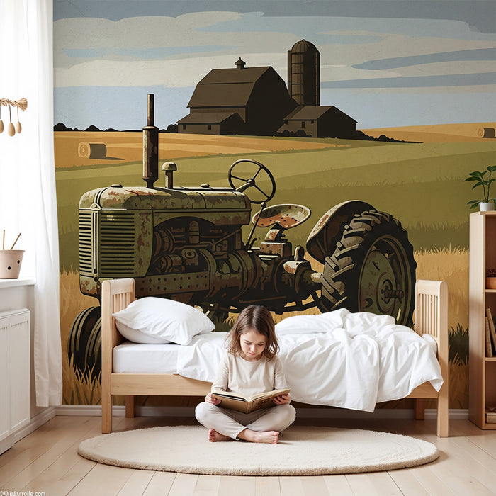 Papel pintado infantil | Tractor vintage y paisaje de granja soleada
