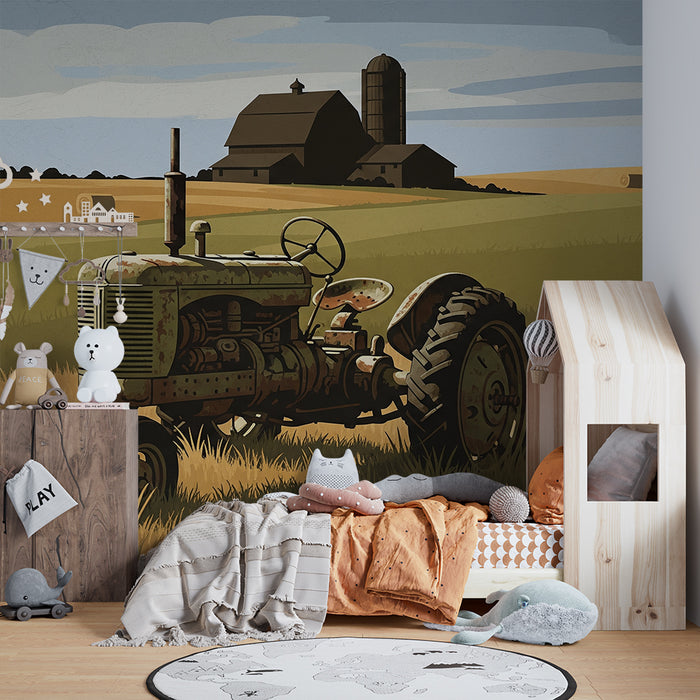 Papel pintado infantil | Tractor vintage y paisaje de granja soleada