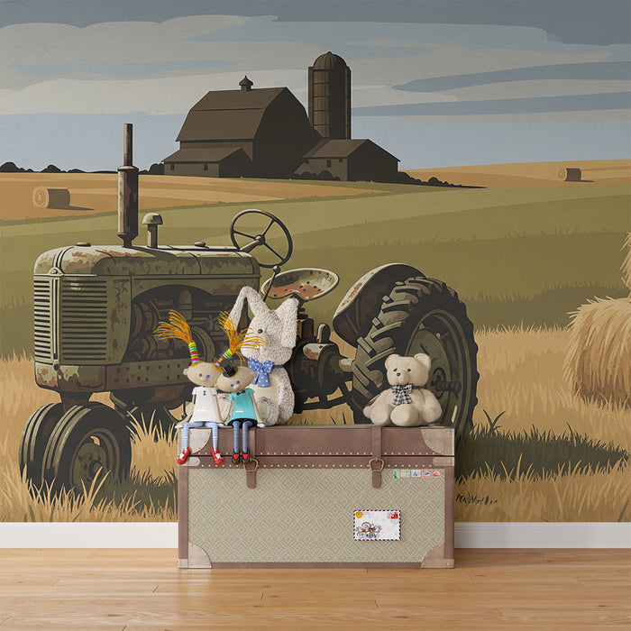 Papel pintado infantil | Tractor vintage y paisaje de granja soleada