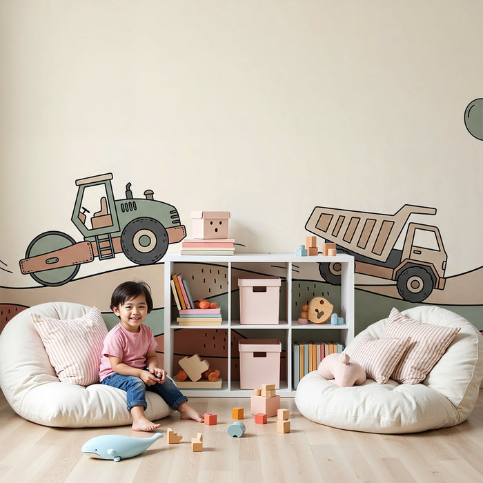 Papier peint chambre enfant | Tracteurs et camions sur un paysage coloré