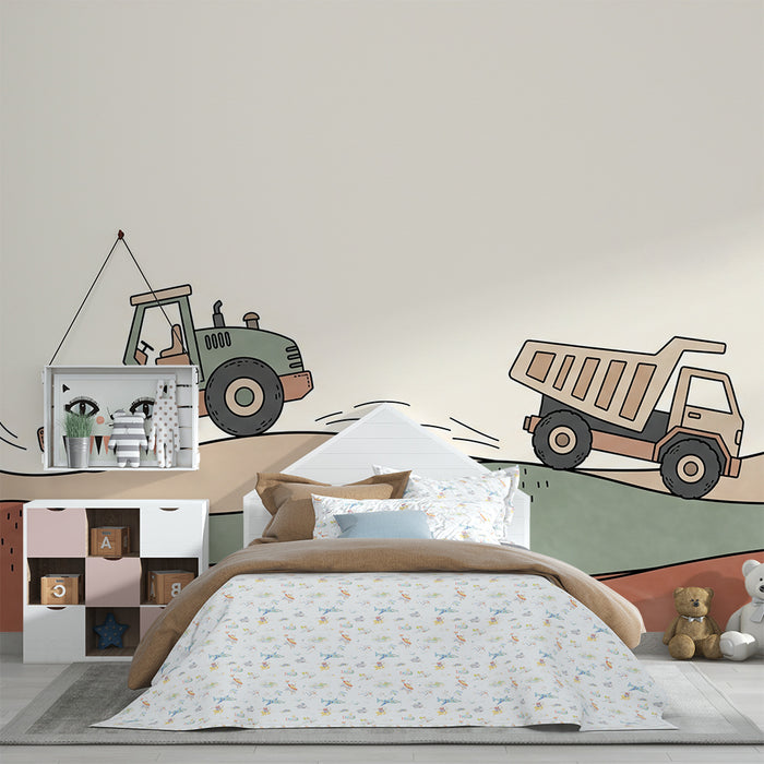 Papier peint chambre enfant | Tracteurs et camions sur un paysage coloré