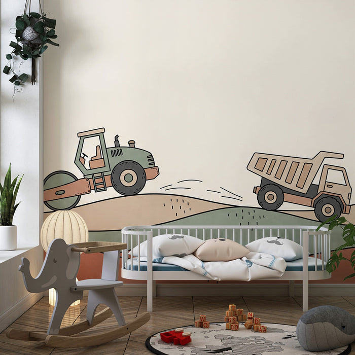 Papier peint chambre enfant | Tracteurs et camions sur un paysage coloré