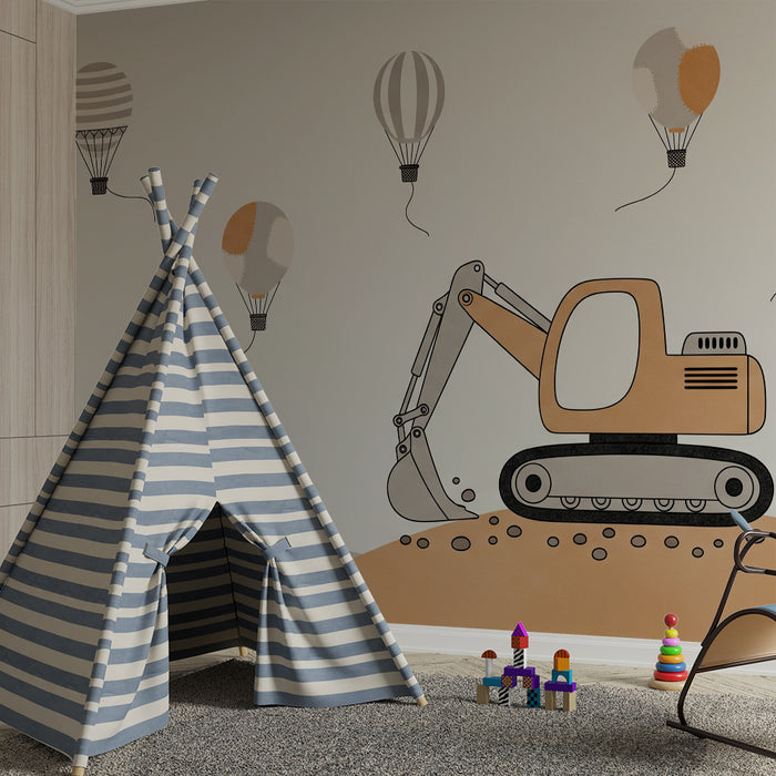 Tapeta do pokoju dziecięcego | Traktory i balony w pięknym krajobrazie