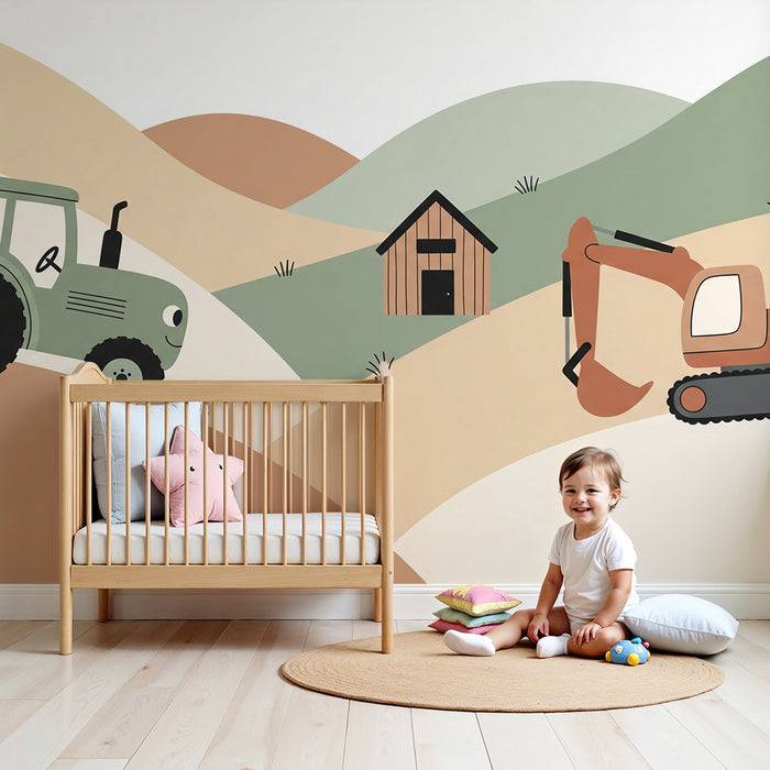Behang kinderkamer | Tractors en graafmachines in een landelijk landschap