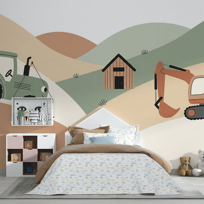 Behang kinderkamer | Tractors en graafmachines in een landelijk landschap