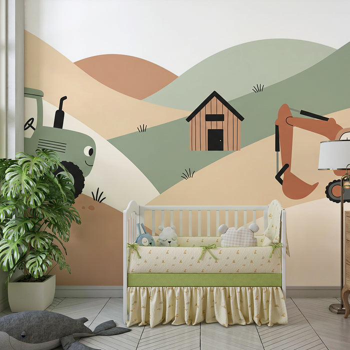 Behang kinderkamer | Tractors en graafmachines in een landelijk landschap