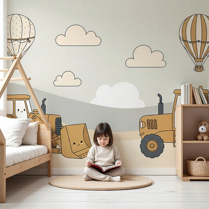 Papel pintado infantil | Tractores alegres y globos aerostáticos en un cielo suave