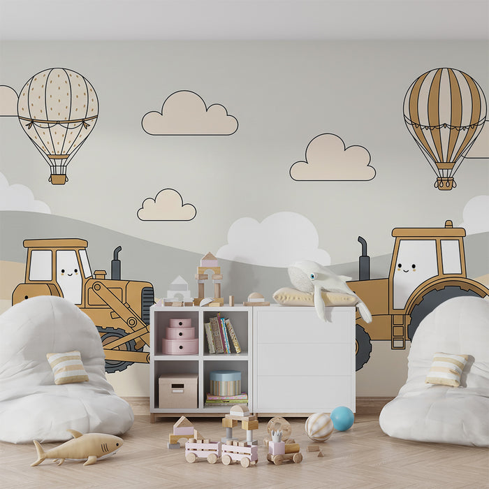 Papel pintado infantil | Tractores alegres y globos aerostáticos en un cielo suave