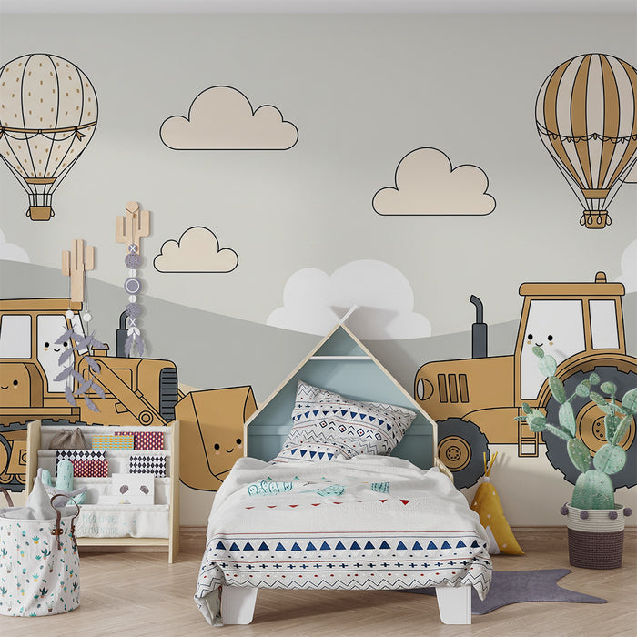 Papel pintado infantil | Tractores alegres y globos aerostáticos en un cielo suave