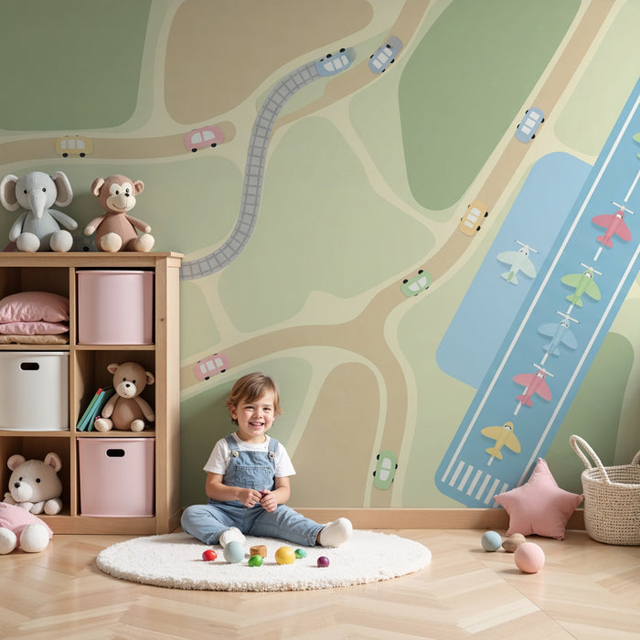Papier peint chambre enfant | Trafic joyeux avec trains et avions