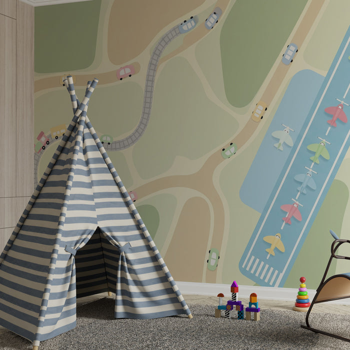 Papier peint chambre enfant | Trafic joyeux avec trains et avions