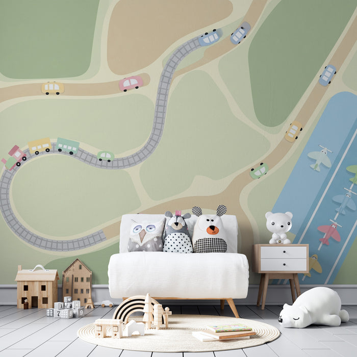Papier peint chambre enfant | Trafic joyeux avec trains et avions