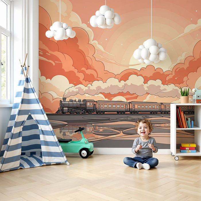Kids room wallpaper | Steam train under a pastel sky