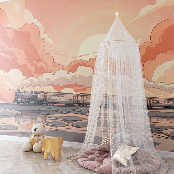 Kids room wallpaper | Steam train under a pastel sky