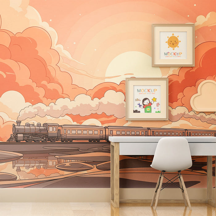 Kids room wallpaper | Steam train under a pastel sky