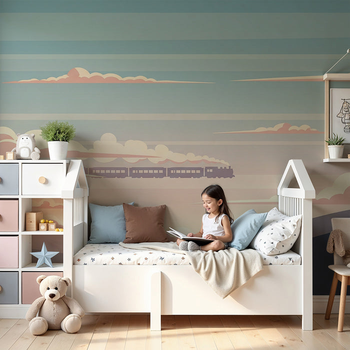 Papier peint chambre enfant | Train à vapeur traversant des collines sous un ciel pastel