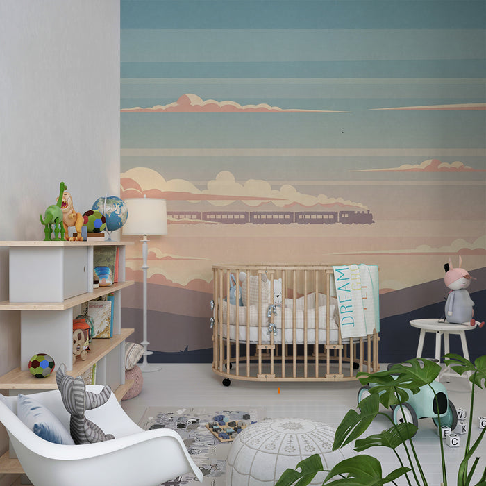 Papier peint chambre enfant | Train à vapeur traversant des collines sous un ciel pastel
