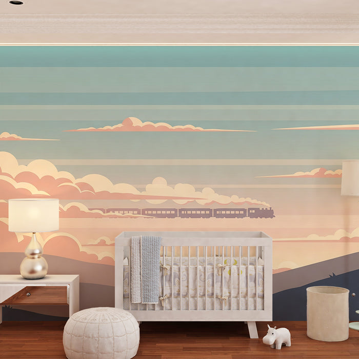 Papier peint chambre enfant | Train à vapeur traversant des collines sous un ciel pastel