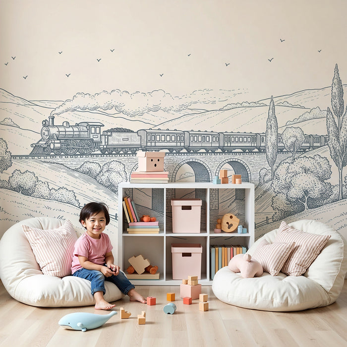 **Kinderzimmer Tapete | Dampflokomotive überquert ein Viadukt in einer friedlichen Landschaft**