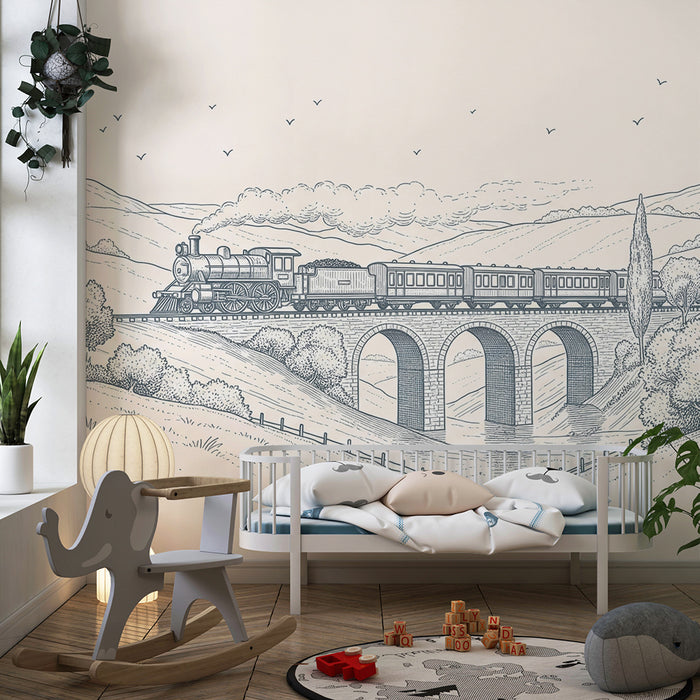 **Kinderzimmer Tapete | Dampflokomotive überquert ein Viadukt in einer friedlichen Landschaft**
