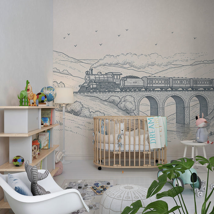 **Kinderzimmer Tapete | Dampflokomotive überquert ein Viadukt in einer friedlichen Landschaft**