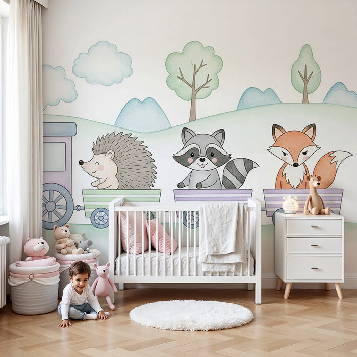 Papel pintado infantil | Tren animado con lindos animales