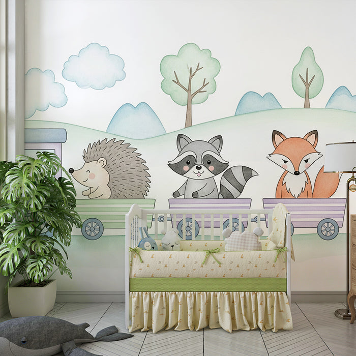 Papel pintado infantil | Tren animado con lindos animales