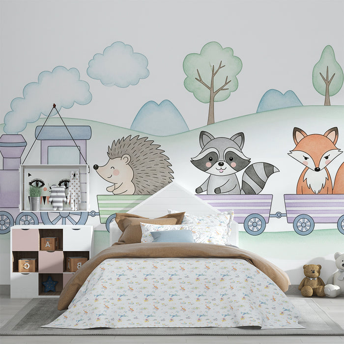 Papel pintado infantil | Tren animado con lindos animales
