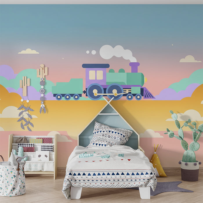 Papel de parede criança | Comboio colorido num céu pastel