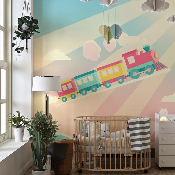 Papel de parede criança | Comboio colorido num céu pastel com nuvens suaves