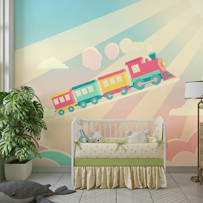 Papel de parede criança | Comboio colorido num céu pastel com nuvens suaves