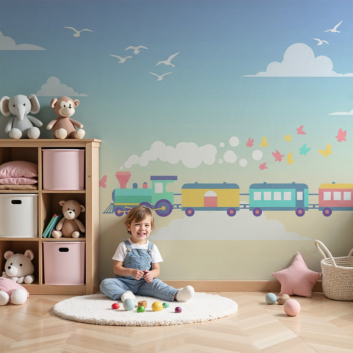 Kids room wallpaper | Colorful train in a pastel sky with butterflies