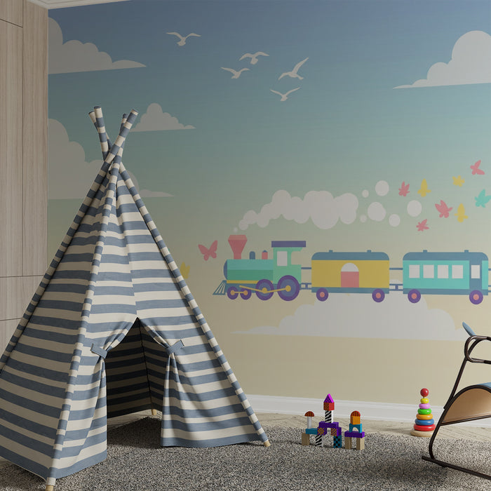 Kids room wallpaper | Colorful train in a pastel sky with butterflies