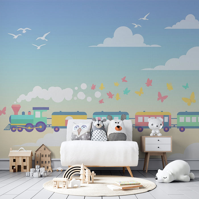 Kids room wallpaper | Colorful train in a pastel sky with butterflies