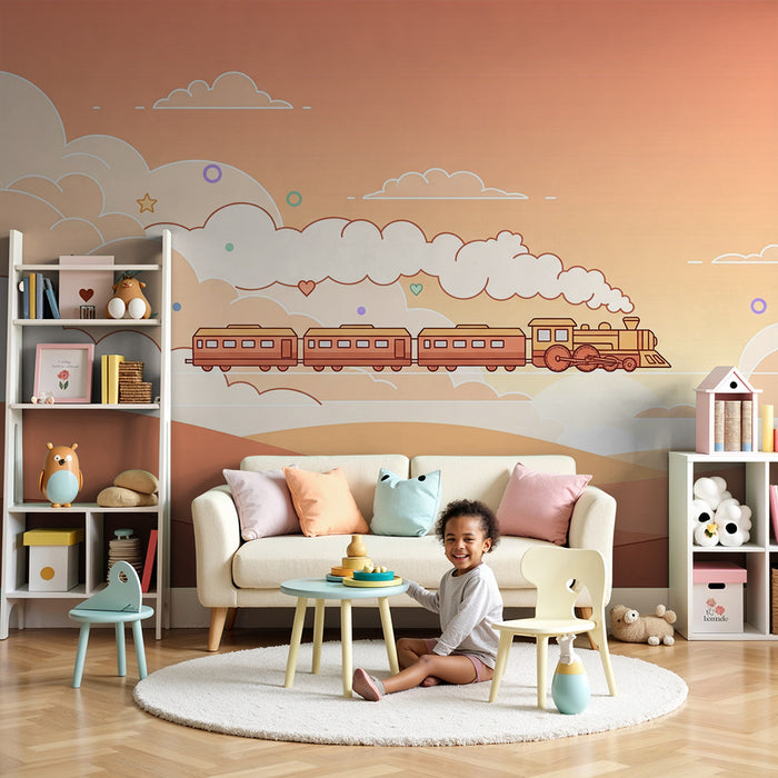 Kinderzimmer Tapete | Bunter Zug in einem Pastellhimmel mit Wolken und Sternen