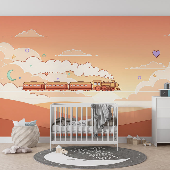 Kinderzimmer Tapete | Bunter Zug in einem Pastellhimmel mit Wolken und Sternen