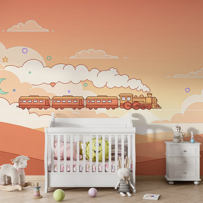 Kinderzimmer Tapete | Bunter Zug in einem Pastellhimmel mit Wolken und Sternen