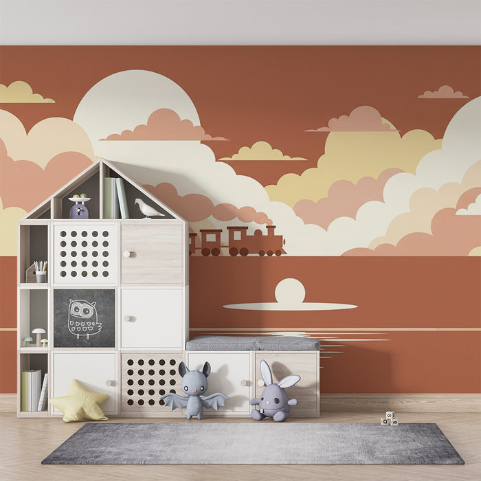 Kinderkamer behang | Kleurrijke trein in een bewolkte landschap bij zonsondergang