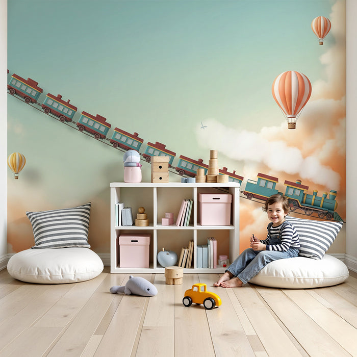 Kinderzimmer Tapete | Bunter Zug und Heißluftballons in einem träumerischen Himmel