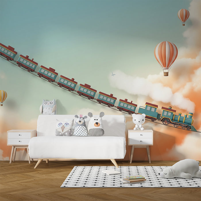 Kinderzimmer Tapete | Bunter Zug und Heißluftballons in einem träumerischen Himmel