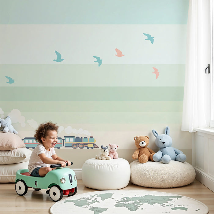 Kinderzimmer Tapete | Bunter Zug und fliegende Vögel auf pastellfarbenem Hintergrund