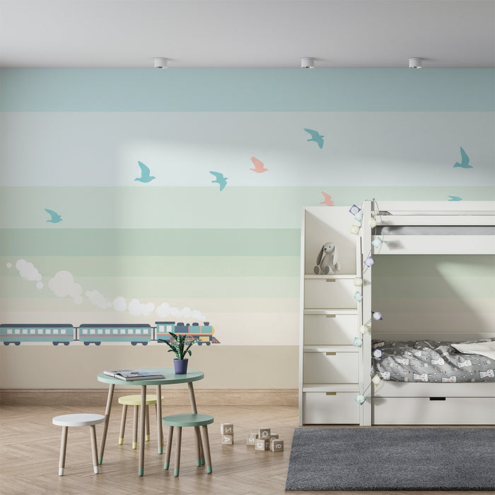Kinderzimmer Tapete | Bunter Zug und fliegende Vögel auf pastellfarbenem Hintergrund