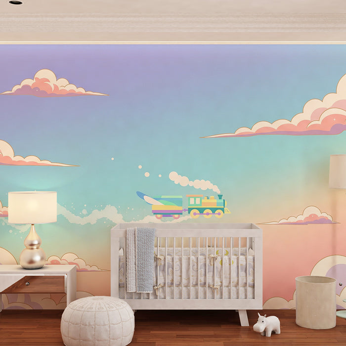 Papel de parede criança | Trem colorido navegando através de nuvens pastel